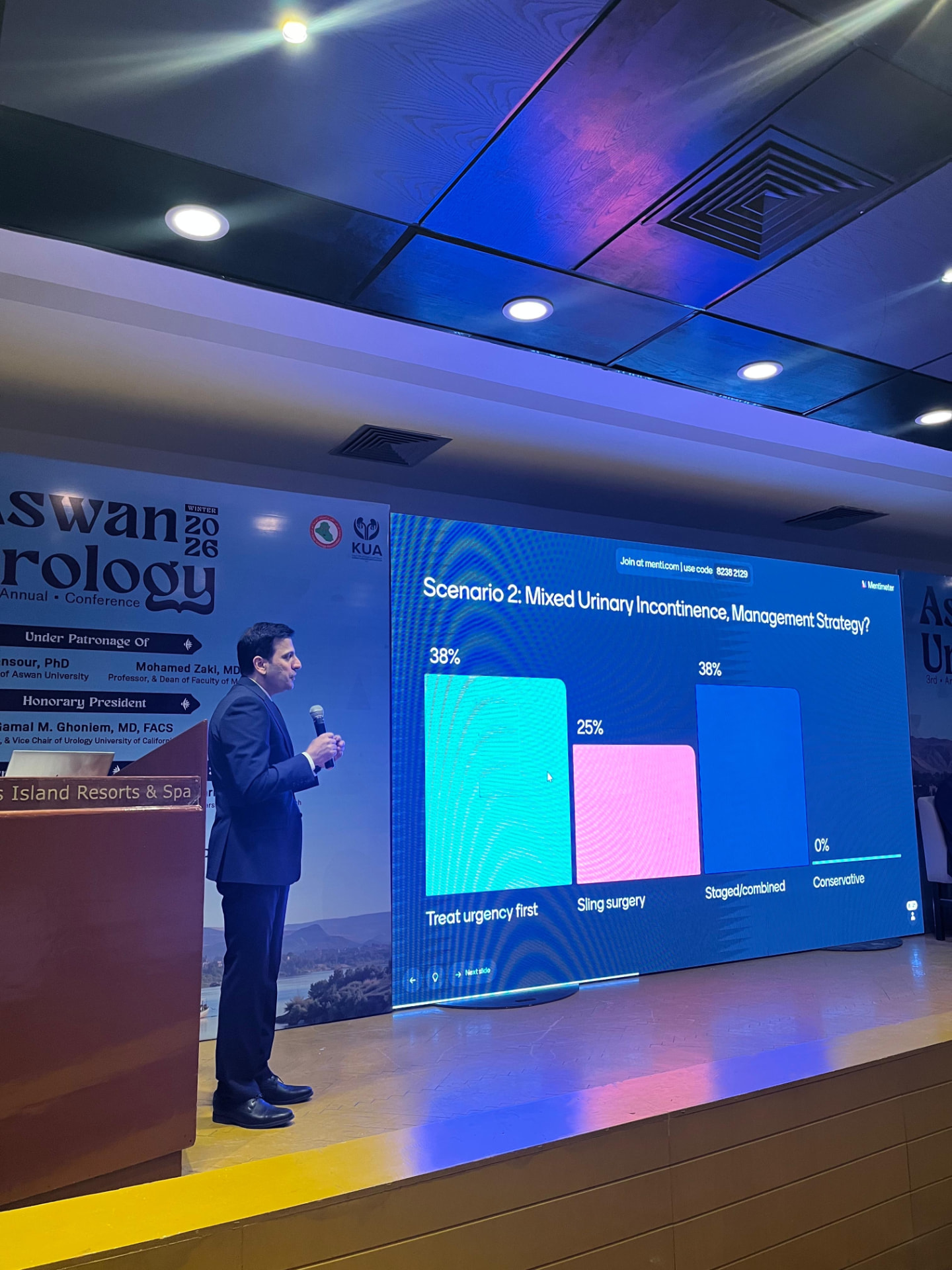 Dr. Farhan lecturing on urinary incontinence management at the Aswan Urology Conference